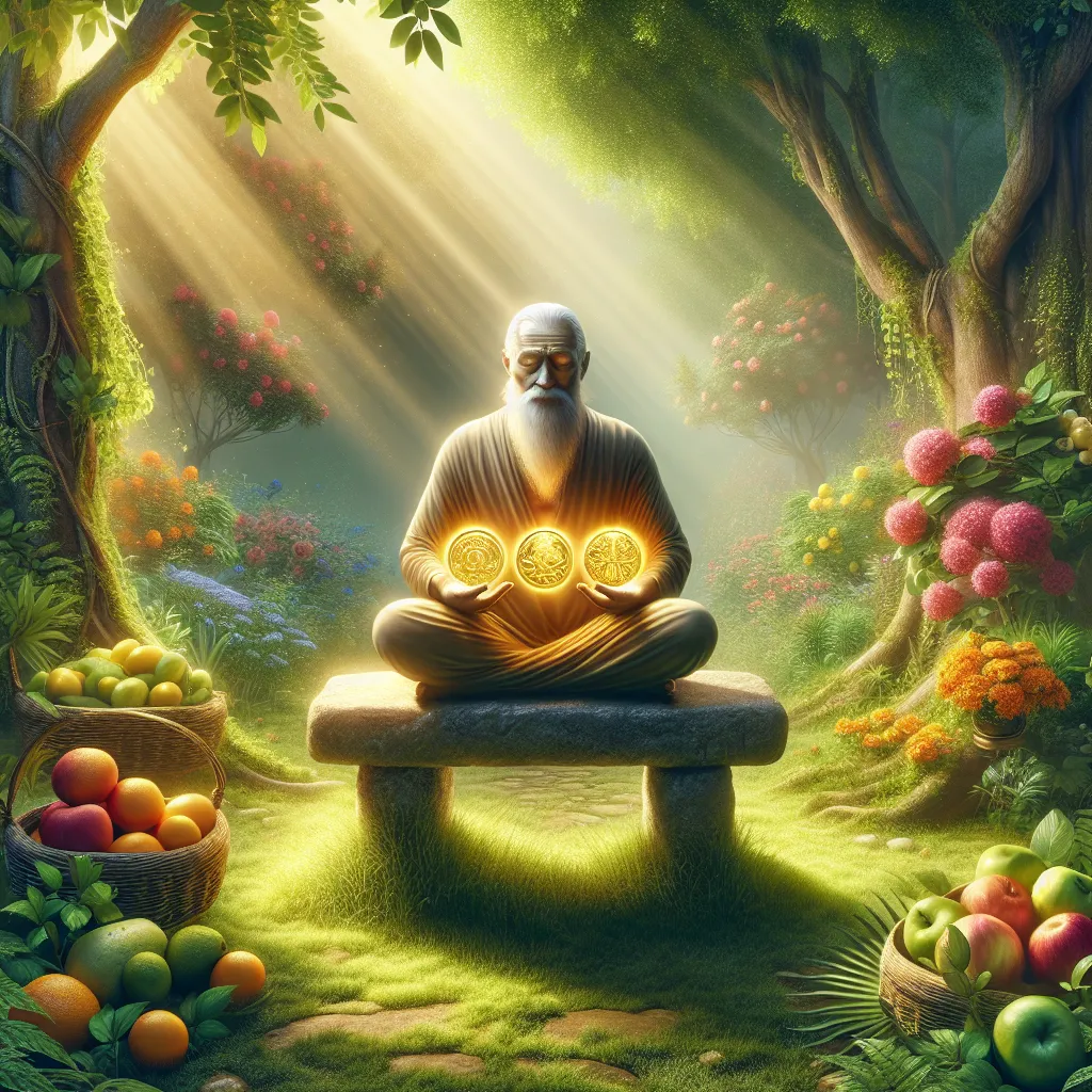 Create an image of a solitary figure sitting on a stone bench in a lush, green garden. The figure, an elder with wise eyes, is holding four golden coins close to his heart, each glowing with a warm light. Around him, symbols of both material wealth and natural abundance—such as ripe fruit, blooming flowers, and tall trees—are seamlessly intertwined. The figure's expression is contemplative, suggesting a balancing act between attachment and release. The scene evokes a sense of tranquility, security, and reflection, with the sunlight casting soft, dappled shadows, symbolizing inner wealth and wisdom.