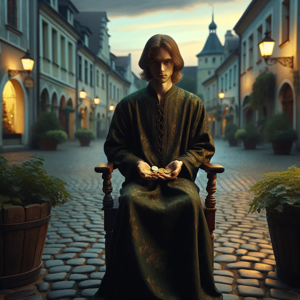 Create an image of a solitary figure seated in a classical, wooden chair, in a serene, medieval town square. The figure is holding four gold coins firmly in their hands and close to their chest, looking cautiously at the surroundings. They wear a modest, deep green robe adorned with subtle floral patterns. The background should show quaint, cobblestone streets, lush planters, and vintage street lamps casting warm light. The evening sky is painted in soft sunset colors, reflecting a mood of introspective contemplation and guarded abundance.