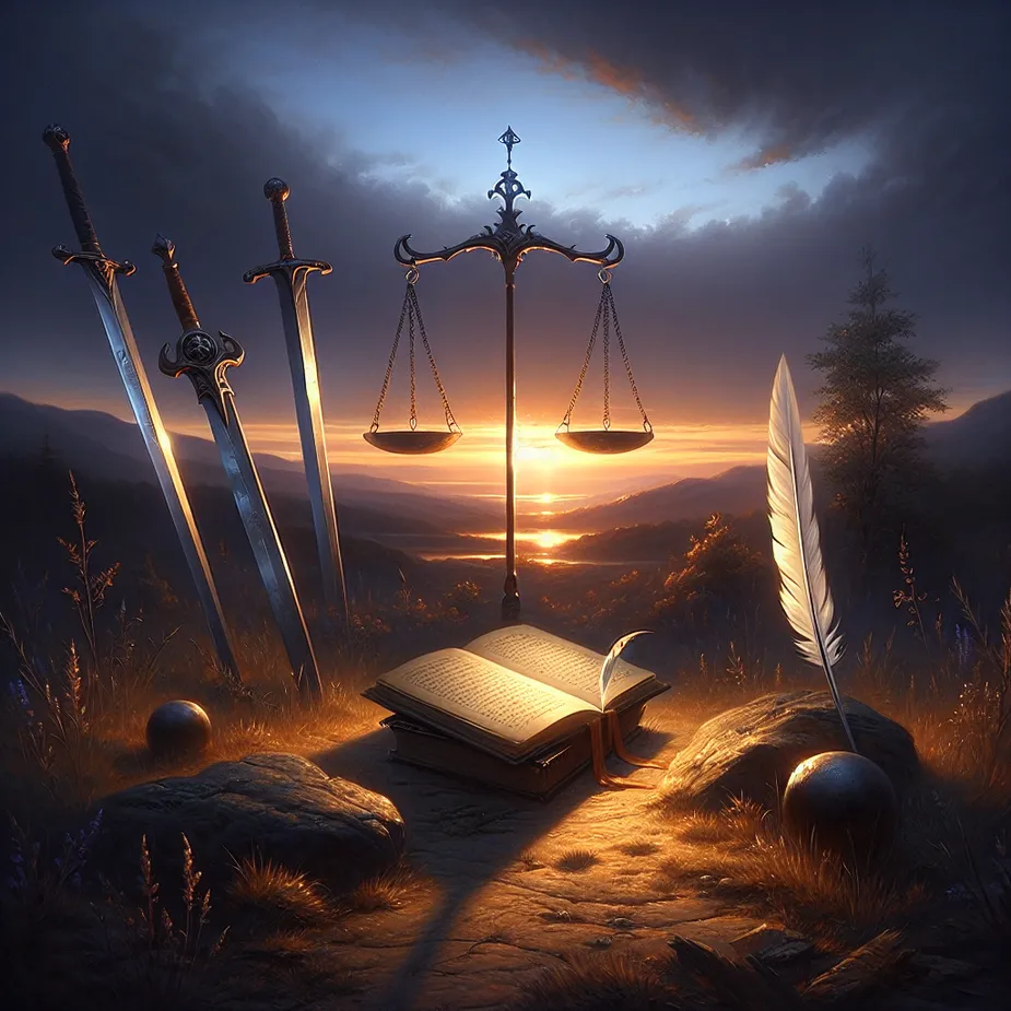 Depict a serene landscape at dusk. Four swords, their edges glowing subtly in the waning light, lay gently on the rustic ground, signifying tranquillity and respite. Up close, a book, its covers closed, rests on the earth, embodying introspection and wisdom. A feather quill, beautiful and intricate, lies beside it. Far off in the vista, a balance scale dangles gracefully from the outstretched limb of an undisturbed tree. On the scale, two pentacles remain in equilibrium, their delicate dance matched to the rhythm of a mild breeze.