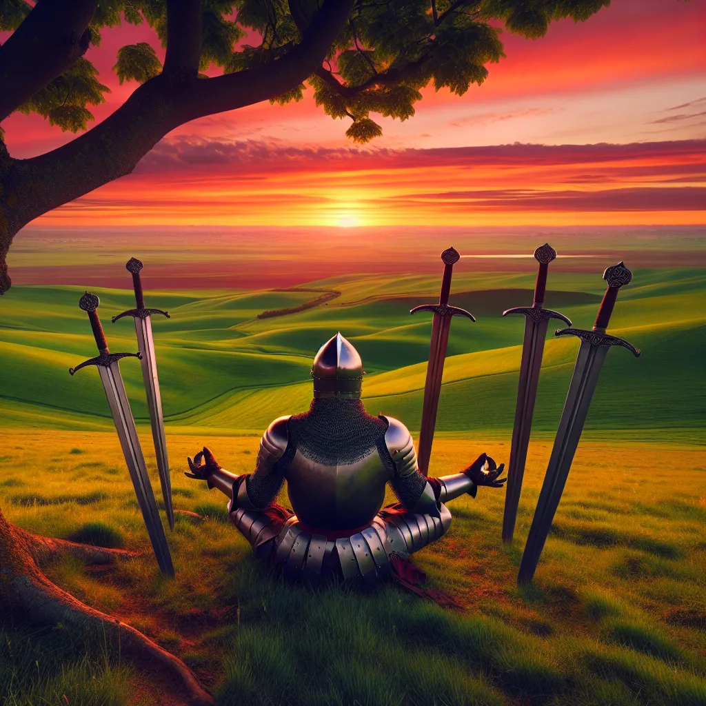 Picture this: A tranquil knight of Hispanic descent, he is situated under a tree, taking a moment of respite on an expanse of plains. Beside him, four swords are firmly embedded in the verdant ground, arranged equidistant around him in a protective semicircle. The knight, clad in shining armor, sits in a meditative pose, lost in inner peace and tranquility. In the background, the fiery hues of the setting sun drape the plains in shades of orange and pink, effectively painting a breathtaking tableau of serenity and strength.