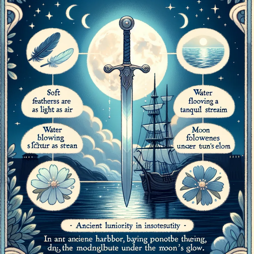 Illustrate an ancient, serene harbor bathed in moonlight. In the gentle luminosity of the moon, visualize four gleaming swords hanging motionless in the air. These swords are a symbol of rest and introspection. Magnify their edges, which are decorated with symbolic elements promoting peace. Visualize soft feathers as light as air, water flowing in a tranquil stream, and moonflowers blooming under the moon's glow adorning each blade.