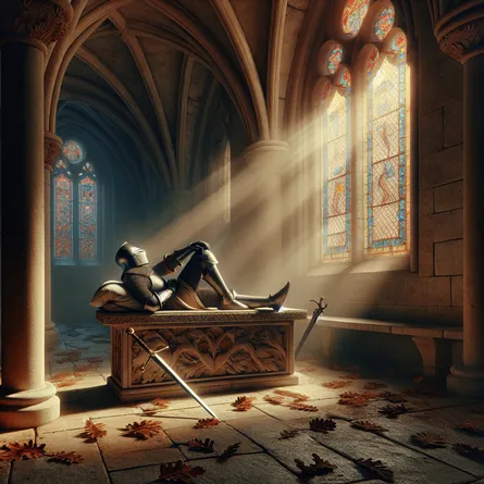 Create an image of a serene medieval chamber bathed in soft, natural light. A knight in contemplative repose lies on a carved stone slab with a sword by their side, symbolizing a moment of rest and reflection. Include stained glass windows casting gentle colors onto the scene, and oak leaves scattered on the stone floor, suggesting a connection to nature and tranquility. The atmosphere should evoke a sense of peace and introspection, reminiscent of a sanctuary for quiet contemplation.