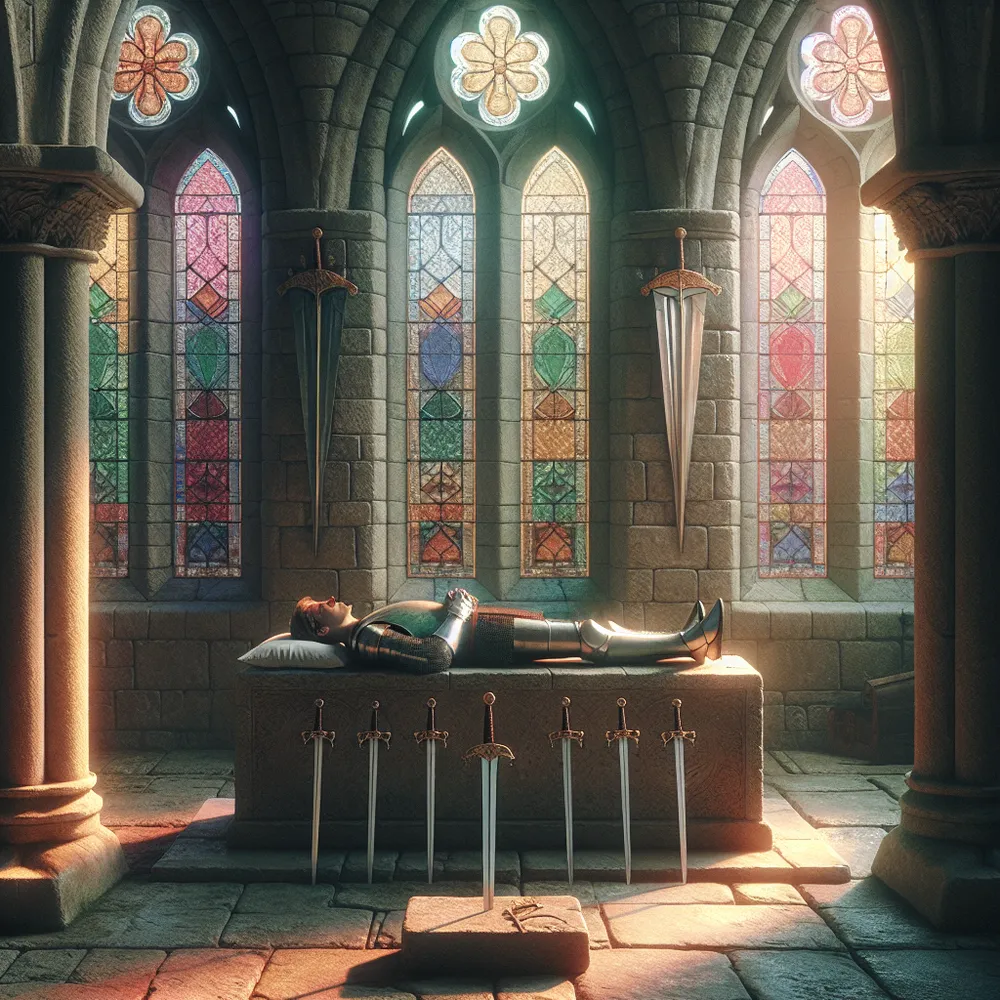 Create an image of the tarot card Four of Swords. The scene depicts a peaceful medieval chapel with stained glass windows casting colorful light. In the foreground, a knight lies serenely on a stone slab in a position of rest, hands crossed over his chest, surrounded by three swords mounted on the wall. A single sword sits beneath him on the slab, symbolizing rest and contemplation. The atmosphere is serene and introspective, with soft light filtering through the windows, conveying a sense of calm and meditation. The scene is tranquil and reflective, encouraging rest and rejuvenation.