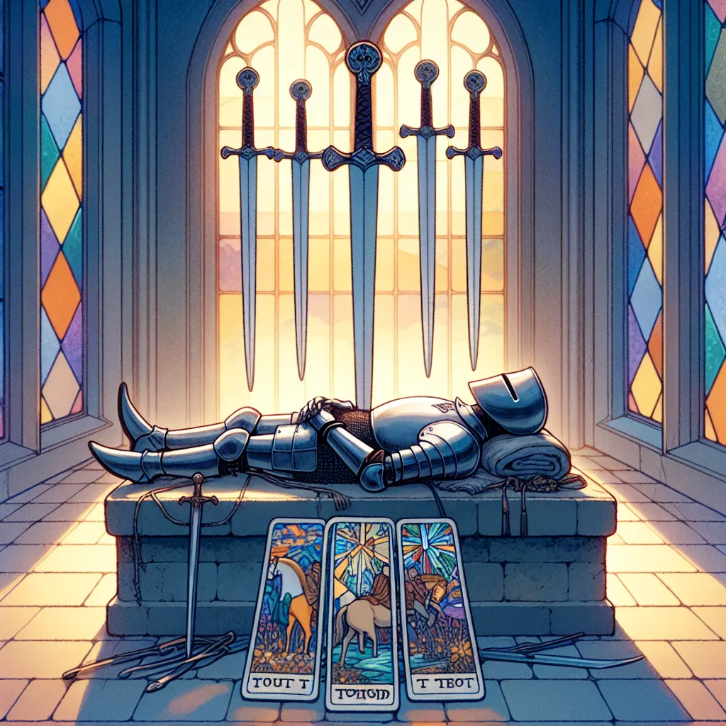 Create a serene and contemplative image of the Four of Swords tarot card. Depict a medieval knight in repose on a stone slab, hands gently clasped in peace. Surround the knight with four swords—three hanging above and one resting beneath. Incorporate stained glass windows in the background, casting colorful reflections. The atmosphere should be tranquil and meditative, symbolizing rest and reflection. Use a palette of calming blues, soft grays, and warm light to enhance the sense of peace and introspection.