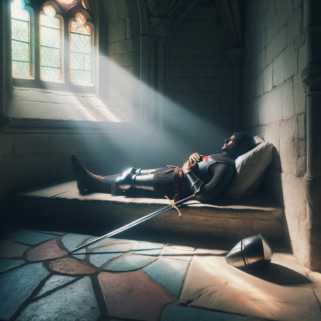 Create an image of a serene, medieval knight resting peacefully within a sunlit, stone chapel. The knight lies on a simple stone slab, hands gently clasped over his chest. His helmet is set aside, and a single sword is placed horizontally beside him. The atmosphere is calm and contemplative, with a gentle light streaming through a nearby stained glass window, casting colorful patterns on the floor. The overall mood should convey tranquility, meditation, and retreat from the chaos of battle, capturing the essence of introspection and peaceful rest.
