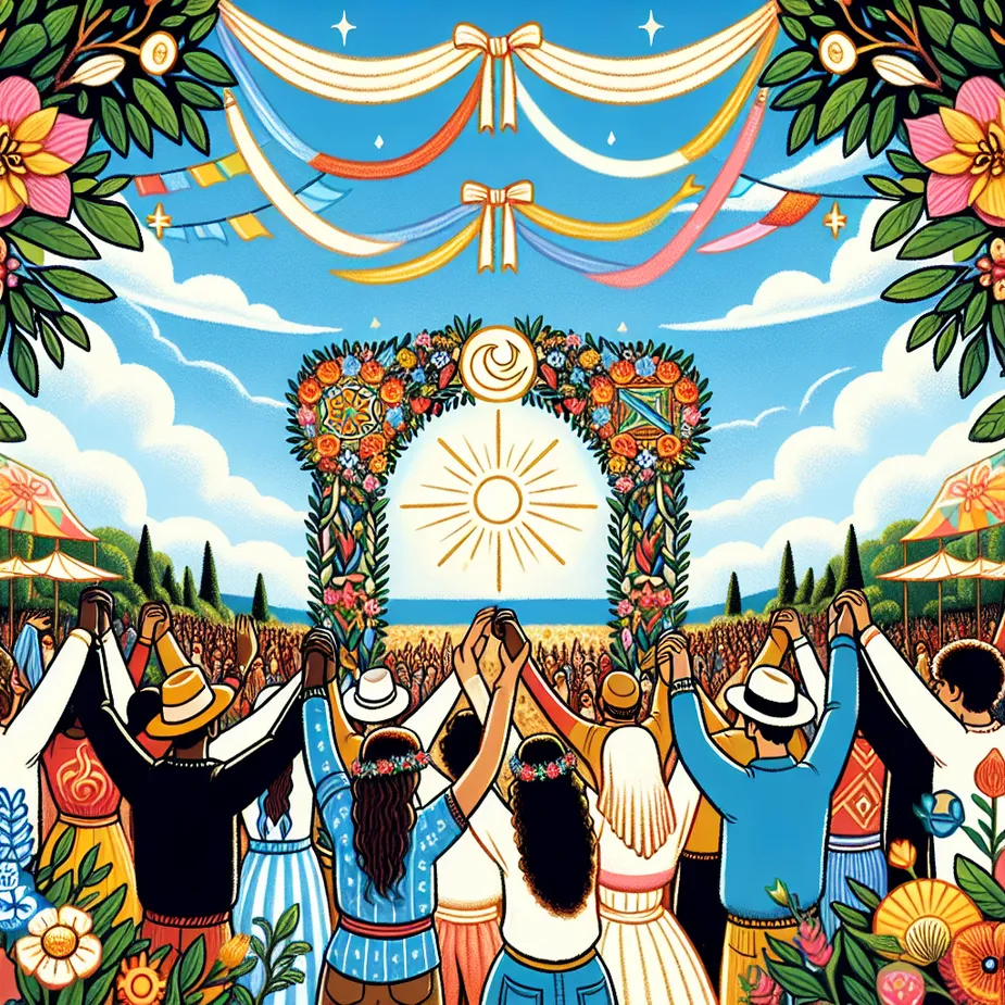 Create an illustrated scene for the Four of Wands tarot card: a cheerful outdoor setting where four decorative wands are bound together with ribbons, forming a jubilant archway. The sky is bright and filled with a sense of celebration and harmony. People of diverse descent, including Hispanic, Black, Middle-Eastern, South Asian, White, and Caucasian, and of differing genders are enjoying a festival, symbolizing community, unity, and shared joy. Surround the scene with vibrant flowers and greenery to emphasize a sense of festivity and abundance.