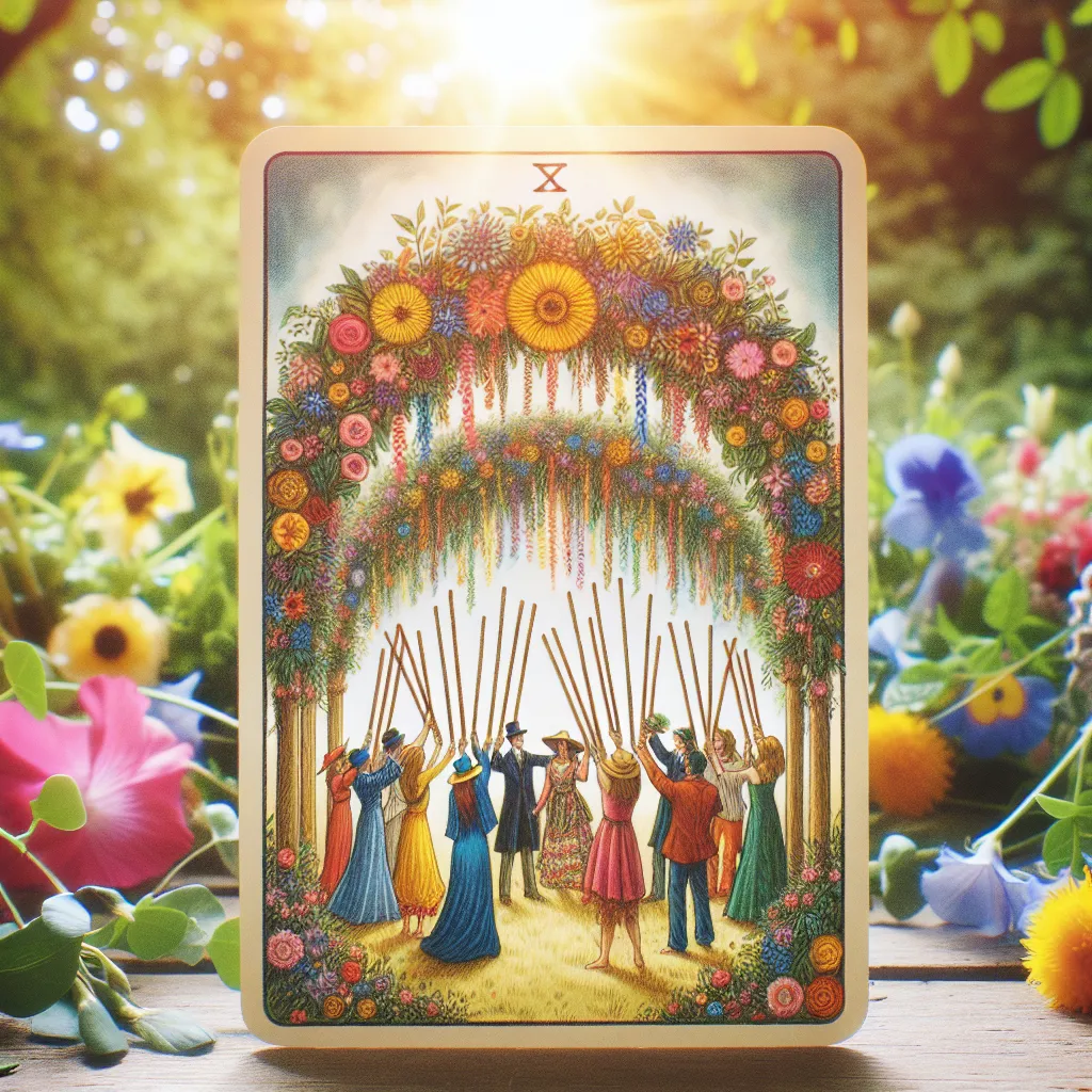 Create an image of a joyful celebration outdoors, featuring four wands forming an arch adorned with vibrant garlands and flowers. There are people gathered underneath, dressed in festive attire, exuding happiness and camaraderie. The setting is a sunlit garden filled with lush greenery, evoking a sense of harmony and gratitude. The overall atmosphere is warm and inviting, capturing the essence of celebration and unity as conveyed by the classic tarot card Four of Wands.