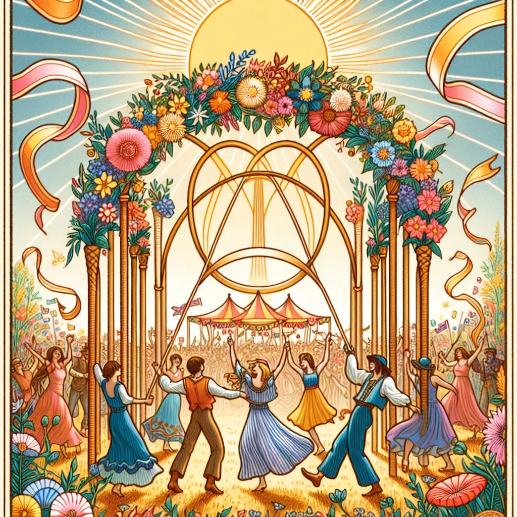 Create an artistic depiction of the Four of Wands tarot card. Imagine a vibrant festival scene celebrating harmony and achievement. Include four wands forming an archway adorned with flowers and ribbons. In the background, a group of people of varying descents joyously dancing and celebrating under a sunny, clear sky. The scene should feel warm, inviting, and festive, capturing the essence of community and shared joy.