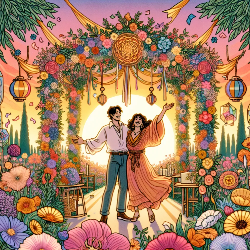 Generate the image of a Four of Wands tarot card, displaying a vibrant and festive scene. It is set outdoors during the beautiful colors of a sunset. A Caucasian man and a Hispanic woman stand joyfully under an ornately decorated archway made of flowers suggesting harmony and community. The scene is made livelier with playful ribbons and lanterns scattered around them. The backdrop features a lush garden packed with various colorful flowers amplifying the festive mood. The atmosphere appears warm and inviting, with an emphasis on unity and jubilation over achieved milestones. Utilize a color palette made primarily of golds, for the sunset, greens for nature, and soft purples for the floral decorations to communicate a sense of stability and celebration.