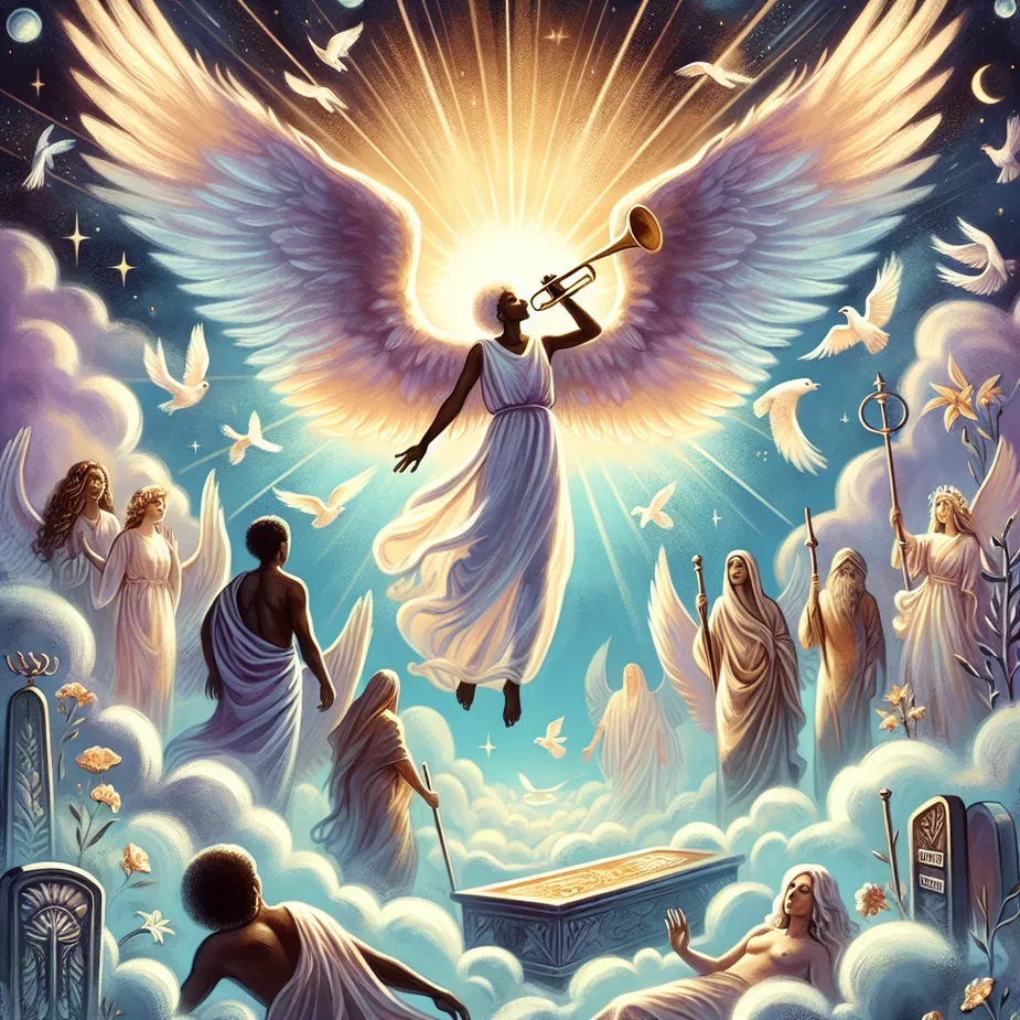 Create a mystical and ethereal illustration of the Judgement tarot card. The scene should include an angel with large, radiant wings blowing a trumpet, symbolizing a call to awakening and renewal. Below, there are figures of diverse people of different descents like Hispanic, Middle-Eastern, Black, and South Asian, rising up from their graves, signifying rebirth and transformation. The background is filled with celestial elements such as soft, glowing clouds and gentle rays of light casting an aura of hope and reflection. The overall aesthetic should merge classical tarot art with a modern, dreamy style, using a palette of soft blues, purples, and golds to evoke a sense of transcendence and enlightenment.