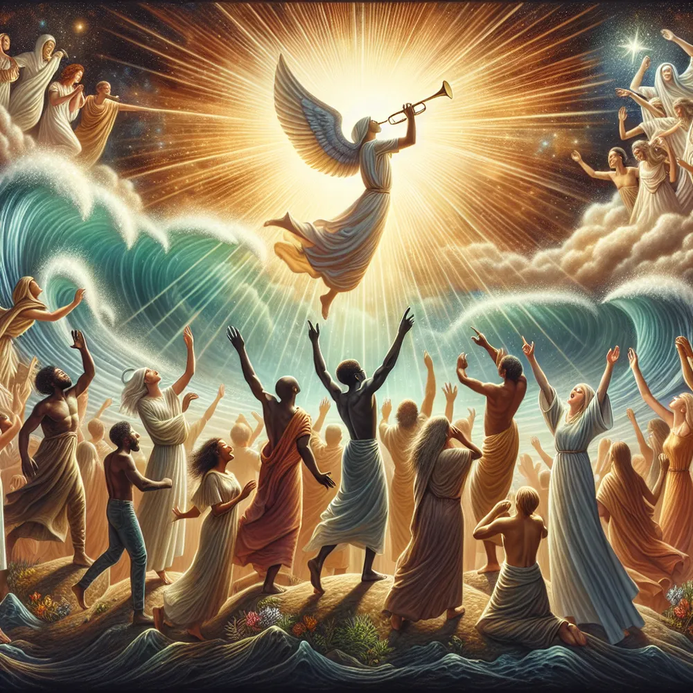 Create a striking image inspired by the classical tarot card, Judgement. Depict a scene where figures of various descents, like Caucasian, Hispanic, Black, Middle-Eastern, South Asian, are rising joyfully from the earth, answering a celestial call above. Include a radiant angel in the sky blowing a trumpet, with beams of light illuminating the scene. The setting should invoke a sense of renewal and awakening, embodying themes of transformation and higher calling in a mystical and inspiring style.