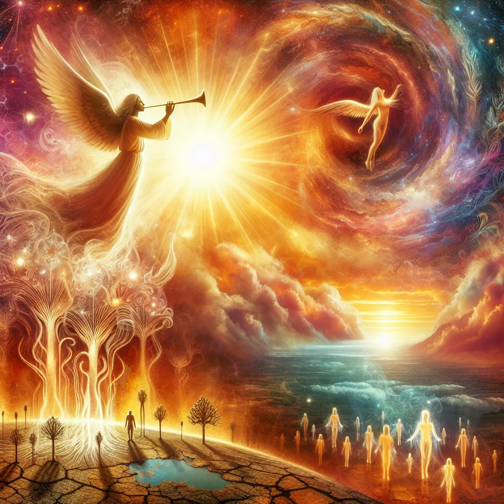 Create a surreal and mystical image depicting the Judgement tarot card with an angel blowing a trumpet. Beneath the angel, incorporate rising figures emerging from the earth with expressions of awakening and renewal. Use warm sunrise colors to symbolize hope and transformation, with an ethereal and luminous atmosphere, capturing the essence of reflection and rebirth.