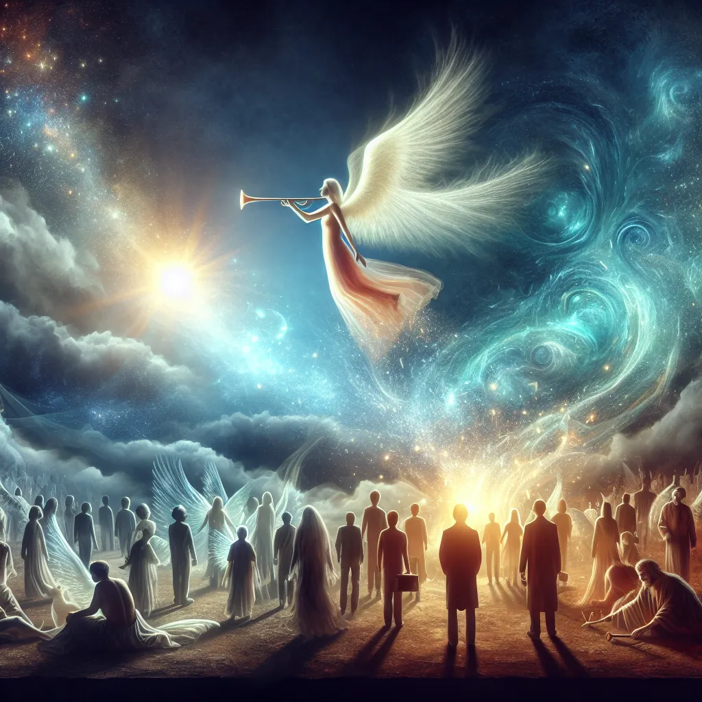 Create a mystical and symbolic depiction of the tarot card 'Judgement.' An ethereal angel, glowing with radiant light, rises above, blowing a celestial trumpet that awakens those below from their slumber. People below, depicting diverse ages and backgrounds, emerge with expressions of awakening and transformation. The scene is set against a celestial backdrop that blends night and day, signifying renewal and rebirth. The overall atmosphere is one of enlightenment and spiritual ascension.