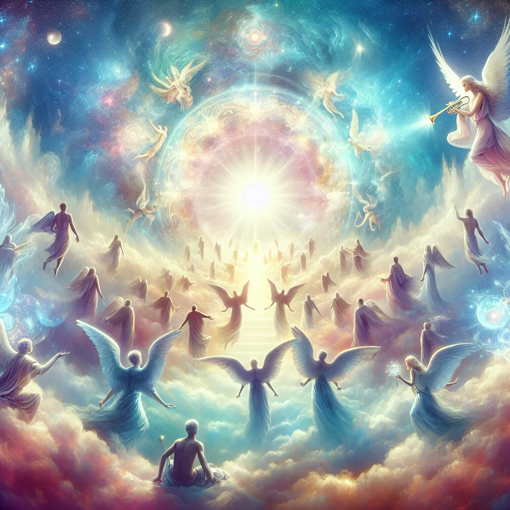 Create an image of the Judgement tarot card, featuring a vibrant celestial scene with ethereal figures rising gracefully from their resting places at the sound of a divine trumpet. Capture a moment of spiritual awakening under a luminous sky, symbolizing renewal and self-reflection. Include elements of traditional tarot symbolism, such as angels and bright light guiding the souls toward enlightenment. The atmosphere should evoke a sense of elevation and introspection, with soft, celestial hues.