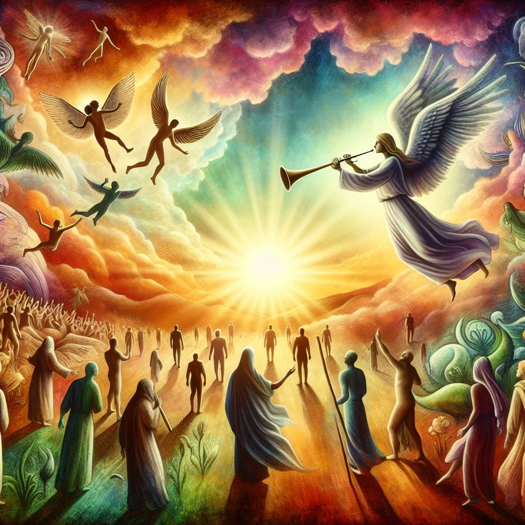 Create an image of Judgement from the tarot: An angel with outstretched wings plays a large trumpet in the sky, heralding transformation. Below, figures of diverse backgrounds rise from the earth, reaching up towards the light with expressions of hope and renewal. The sky is filled with vibrant hues of dawn, symbolizing new beginnings. The scene is infused with symbolism of rebirth and introspection.