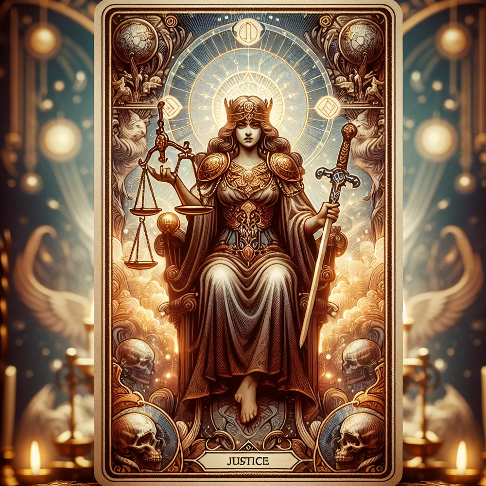 Create an intricate and visually captivating image of the Justice tarot card. Portray a regal figure seated on a throne, holding a pair of balanced scales in one hand and a sharp sword in the other. The figure should exude an aura of wisdom and fairness, with a backdrop that embodies harmony and equilibrium. The scene should incorporate classic tarot elements, featuring rich colors, detailed textures, and a mystical atmosphere that reflects introspection and truth.