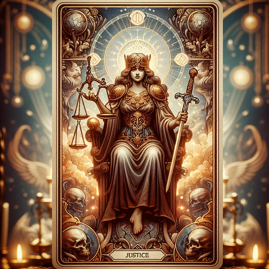 Create an intricate and visually captivating image of the Justice tarot card. Portray a regal figure seated on a throne, holding a pair of balanced scales in one hand and a sharp sword in the other. The figure should exude an aura of wisdom and fairness, with a backdrop that embodies harmony and equilibrium. The scene should incorporate classic tarot elements, featuring rich colors, detailed textures, and a mystical atmosphere that reflects introspection and truth.