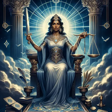 Create an image of the Justice tarot card. Depict a poised and serene South Asian female figure holding a set of scales in one hand and a sword in the other. She sits on a throne adorned with symbols of balance and fairness. Surround her with an aura of clarity and truth, amidst a backdrop of rich, deep blue skies. The scene should convey a sense of harmony and moral integrity, with a touch of classical elegance.