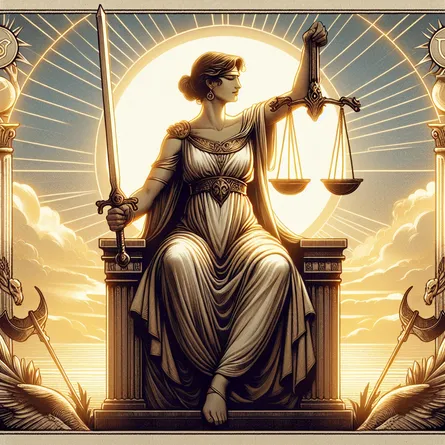 Create an image of the Justice tarot card featuring a strong, poised figure in classical robes. They are seated on a throne, holding a sword upright in one hand and balanced scales in the other. The background is serene, with symbols of balance and truth, like a blindfold or a feather. The scene is set against a dawn or dusk sky, casting a golden light that emphasizes the sense of fairness and clarity.