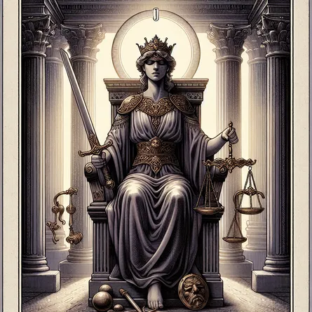Create an image of the Justice tarot card featuring a regal figure seated on a throne. The figure holds a sword in one hand and scales in the other, symbolizing truth and fairness. Surround the throne with a backdrop of classical columns and a soft, balanced light that evokes a sense of wisdom and authority. The attire should be elegant, with rich textures and an aura of solemn dignity, reflecting the stoic theme of ethical judgment and balance.