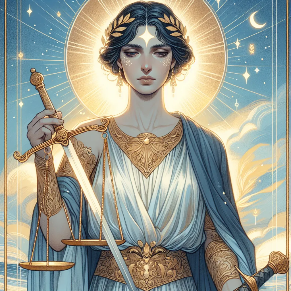 Create an illustration of the Justice tarot card with a modern, mystical twist. The image should feature a figure of Justice, a wise-looking woman holding a set of scales in one hand and a sword in the other. Her attire is regal and flowing, embodying balance and fairness. She stands against a serene background of soft blues and golds, symbolizing clarity and truth. Her eyes, calm and discerning, convey a sense of wisdom and integrity. Include subtle elements like stars or a gentle ray of sunlight, highlighting her connection to universal laws and enlightenment. The overall mood should be tranquil yet authoritative, capturing the essence of Justice as a guardian of equilibrium.
