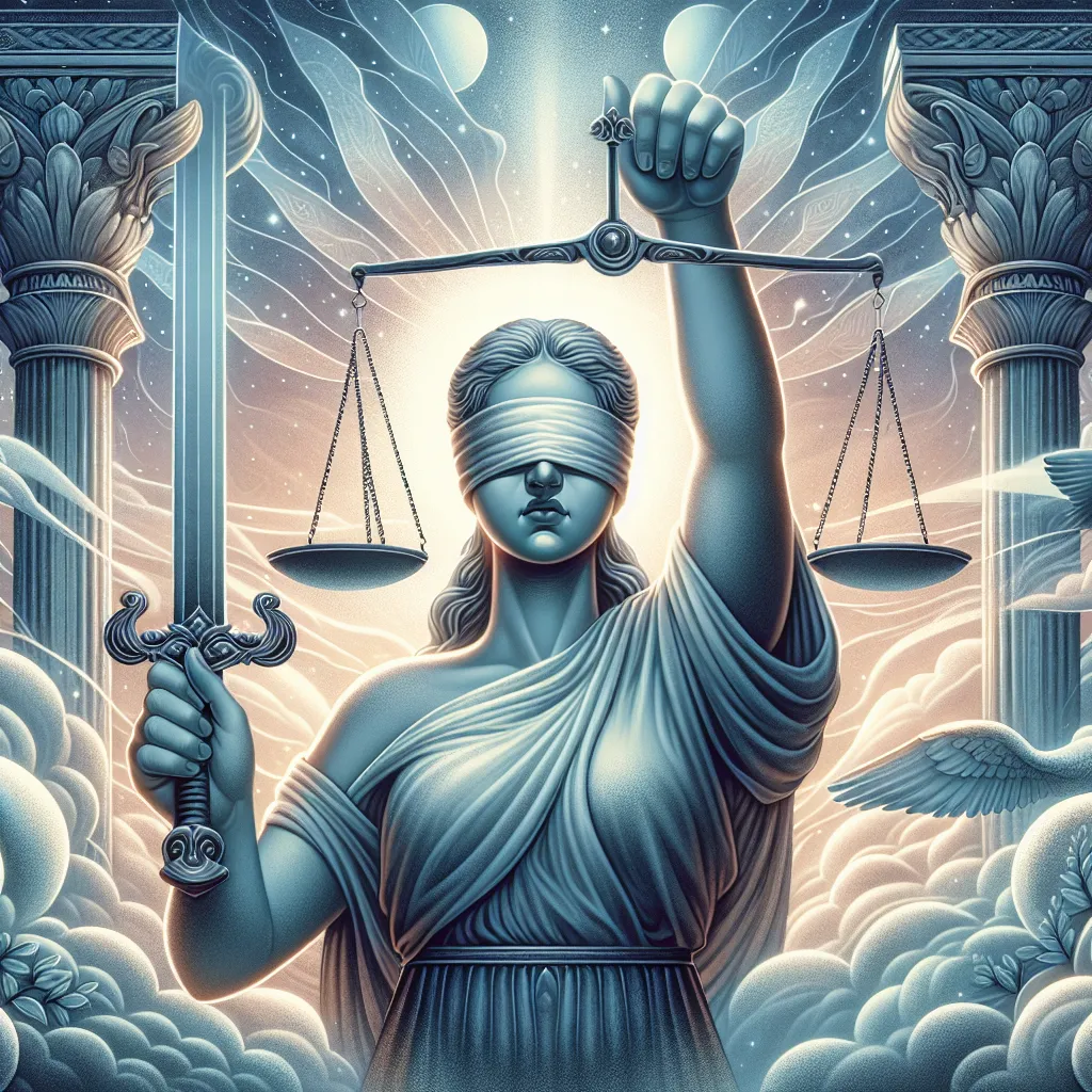 Illustration of a symbolic representation of Justice: A classical figure of South Asian descent blindfolded, holding a sword upright in one hand and scales in the other, with an ethereal, mystical backdrop. The scales are perfectly balanced, symbolizing truth and fairness. Surrounding elements include ancient pillars and a serene sky, conveying harmony and balance.