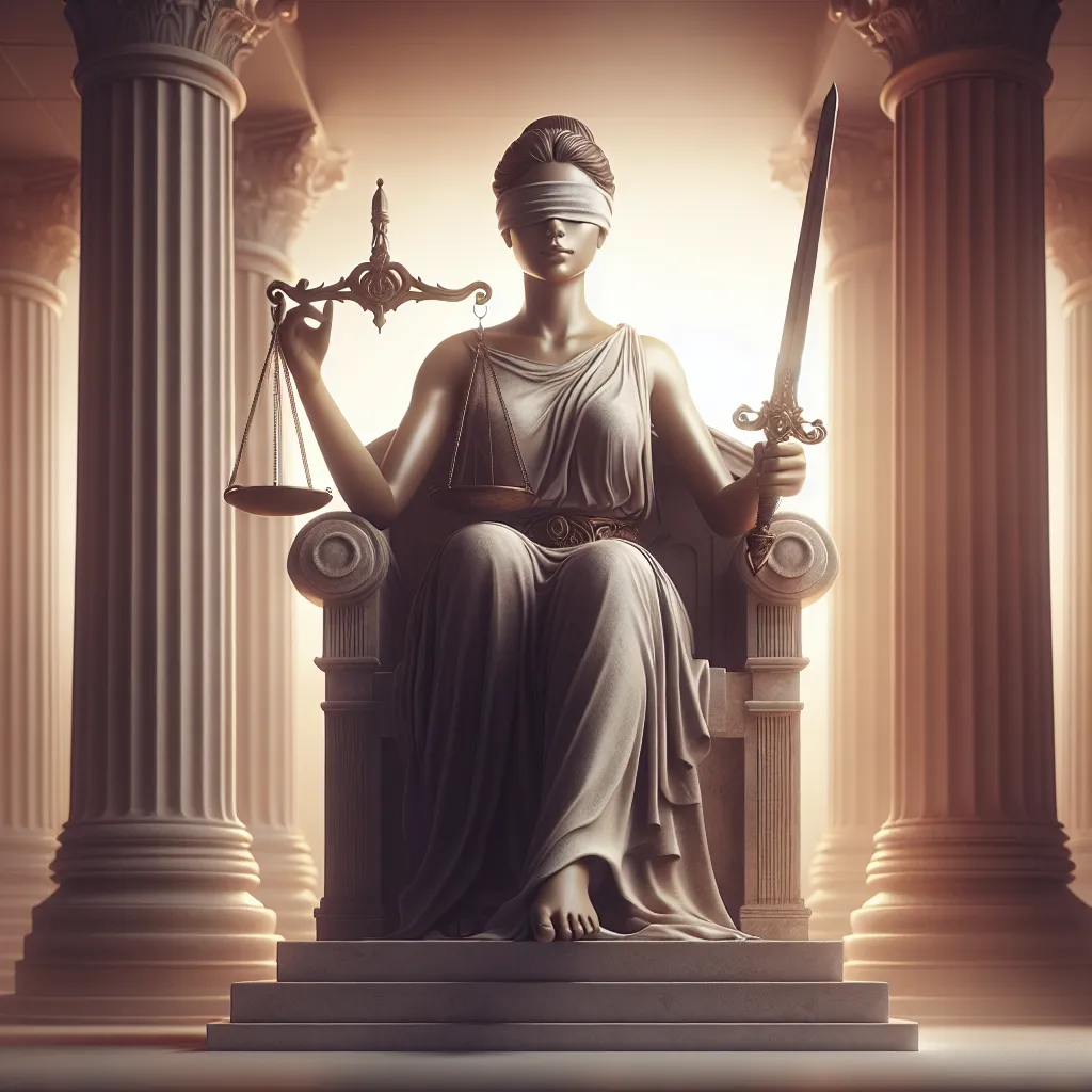 Create an image of Justice portrayed as a strong and wise woman sitting on a throne, holding a balanced scale in one hand and a sword in the other. She wears a blindfold symbolizing impartiality. The background is a serene and harmonious setting, with soft light filtering through tall, majestic columns. The scene exudes an aura of fairness, strength, and balance, reminiscent of classical art, embodying the concept of justice with a modern and mystical touch.