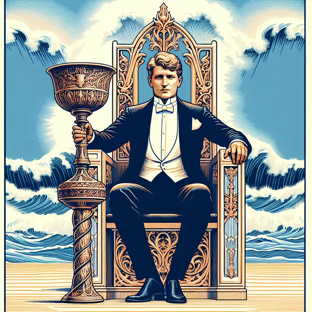 An image emphasizing a public figure with a regal aura, sitting on a throne at a beach. His demeanor is composed and calm, holding a large ornate chalice in his hands. The sea behind him embodies chaos, with waves crescendoing dramatically, yet his tranquility remains undisturbed, showing utter control over his emotions. Drawing inspiration from the detailed and symbolic aesthetic of pre-1912 tarot cards, machine learning algorithms attempt to infuse the scene with similar stylized elements.