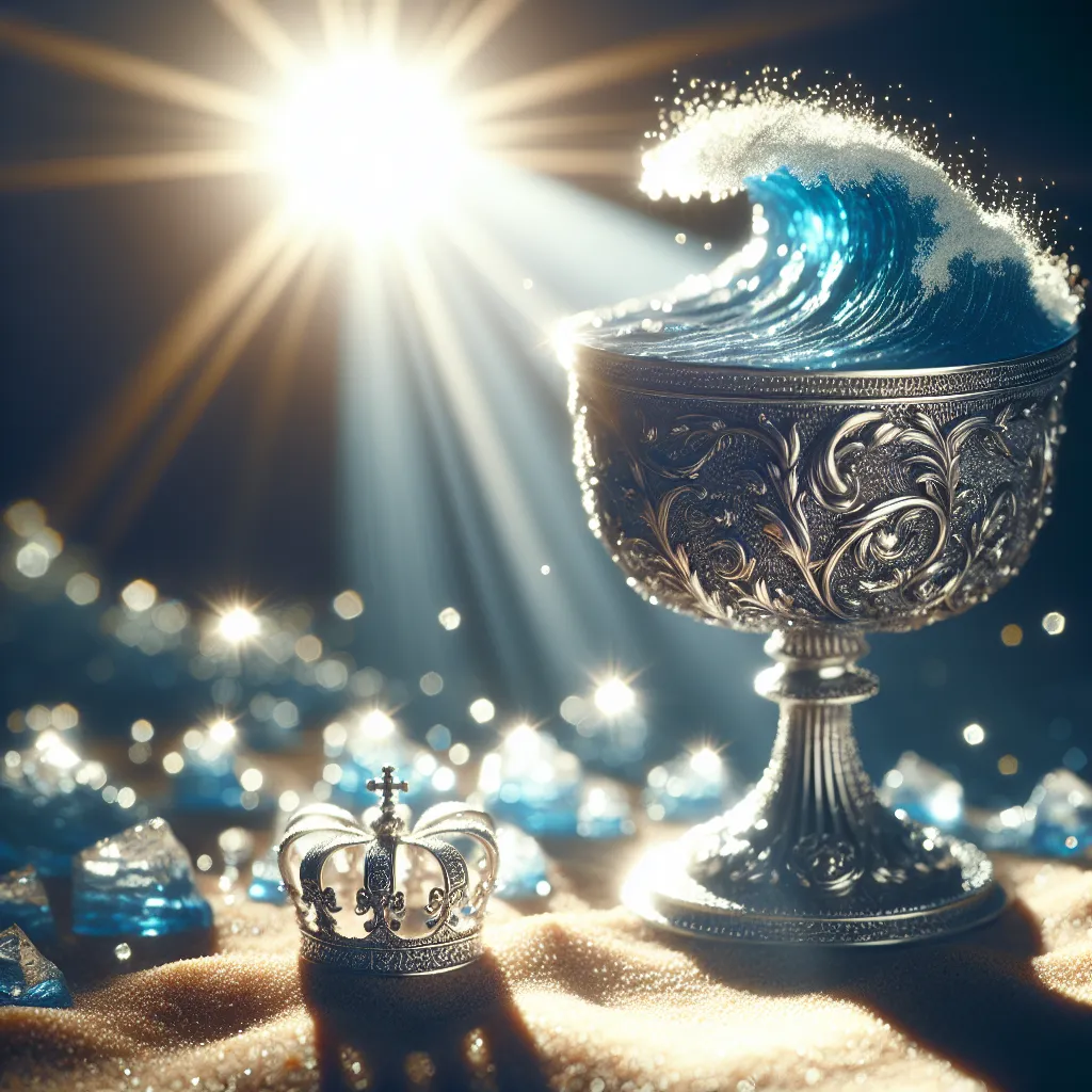 An intricately designed silver chalice, brimming with a miniature, glimmering ocean. A bright, rising sun illuminates the spectacle, casting an ethereal glow over the tiny waves. Resting on the sandy surface under the liquid azure is a regal crown, indicating the symbol of authority usually associated with a high-ranking public figure.