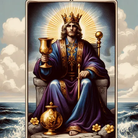 Create an image of the King of Cups tarot card. Depict a regal figure seated on a stone throne by the edge of a calm sea. He holds a golden chalice in his right hand and a scepter in his left, symbolizing emotional control and authority. The King's expression is serene and contemplative, exuding emotional intelligence and composure. He is adorned in rich, flowing robes of deep purple and royal blue, with a golden crown upon his head. In the background, small waves gently lap the shore, and a clear, sunny sky stretches above, signifying tranquility and balance. Capture the classic tarot card style with intricate details and mystical elements.