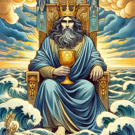 Create an image of the King of Cups tarot card. Depict a dignified, wise king sitting serenely on a throne surrounded by turbulent ocean waves. He holds a golden chalice in one hand, symbolizing emotional mastery. The king's expression is calm and compassionate, with an aura of authority and empathy. The sky is a blend of warm hues suggesting tranquility amidst chaos, and there are subtle symbols of stoic philosophy, such as a laurel wreath or an open book, integrated into the design.