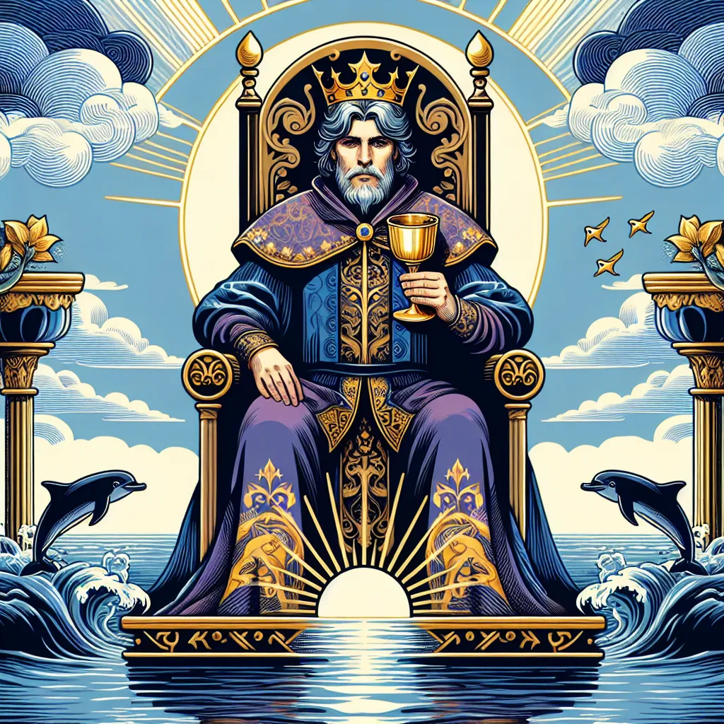 Create a stylized tarot card illustration of the King of Cups. The scene shows a regal, middle-aged king seated on a throne with an ocean backdrop. He holds a golden chalice, embodying calmness and emotional mastery. The king wears royal robes in deep blues and purples, accented by intricate gold patterns. The ocean is calm, reflecting the clear sky, symbolizing serenity and stoic wisdom. Dolphins play in the water near his throne, adding a touch of harmony and joy.