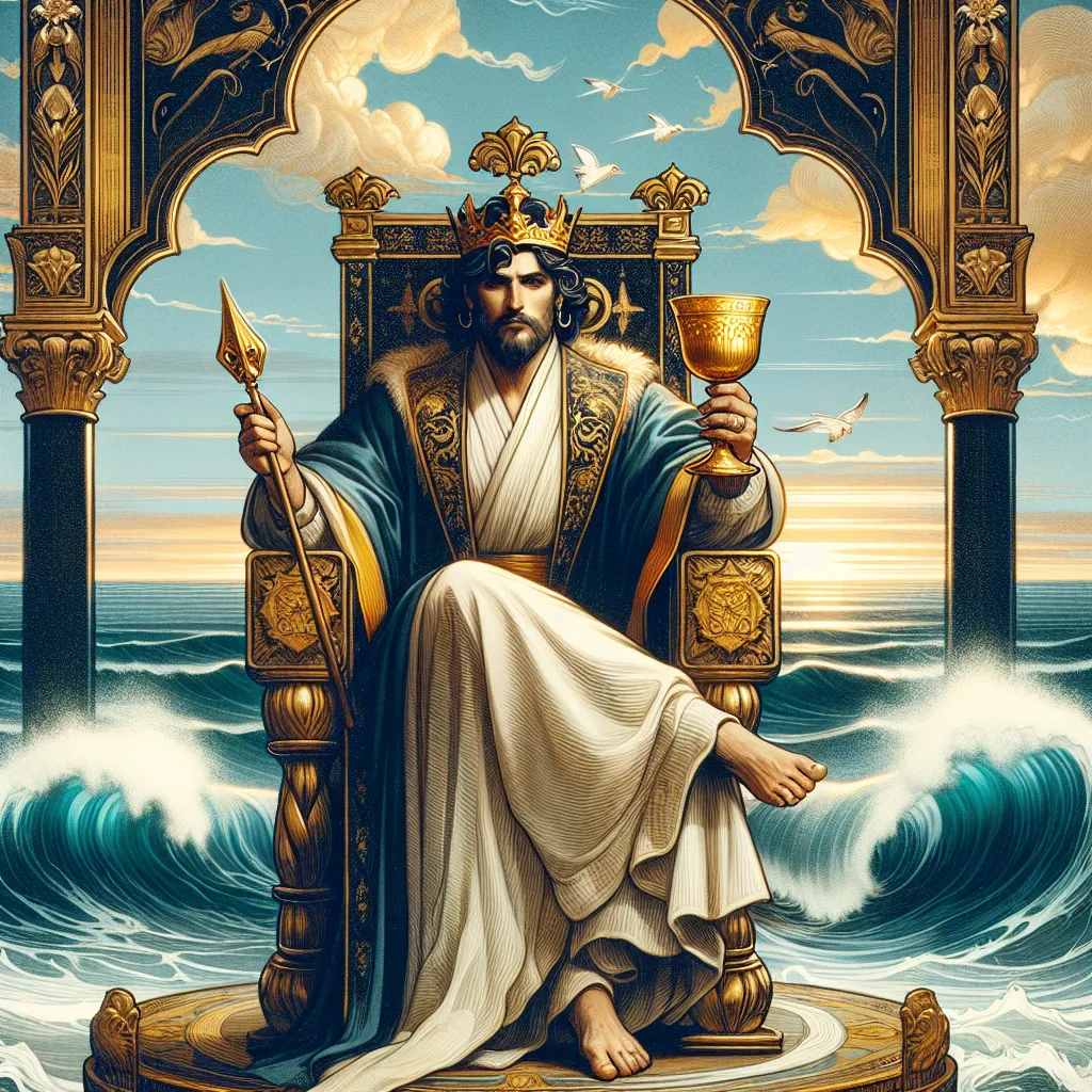 Create an image of a regal King seated on a throne by the ocean, embodying the archetype of the King of Cups from tarot. He is composed, exuding wisdom and calm, with an aura of empathy and emotional intelligence. The scene includes gentle waves in the background, symbolizing the balance between heart and mind. The King is dressed in opulent robes, holding a golden chalice, representing mastery over emotions. The sky is serene, evoking a sense of inner peace and contemplation.