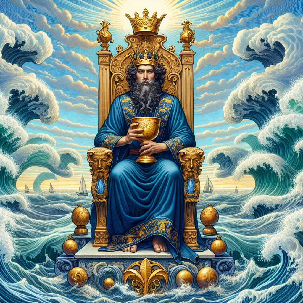 A regal figure embodying emotional wisdom, seated on an ornate throne surrounded by turbulent waves, yet exuding calm composure. The King holds a golden cup, symbolizing deep emotional insight, while wearing a rich blue robe adorned with symbolic aquatic motifs, signifying mastery over emotions. The distant background showcases a bright, serene sky contrasting the waves, reflecting balance between chaos and tranquility, in a classic tarot card style.