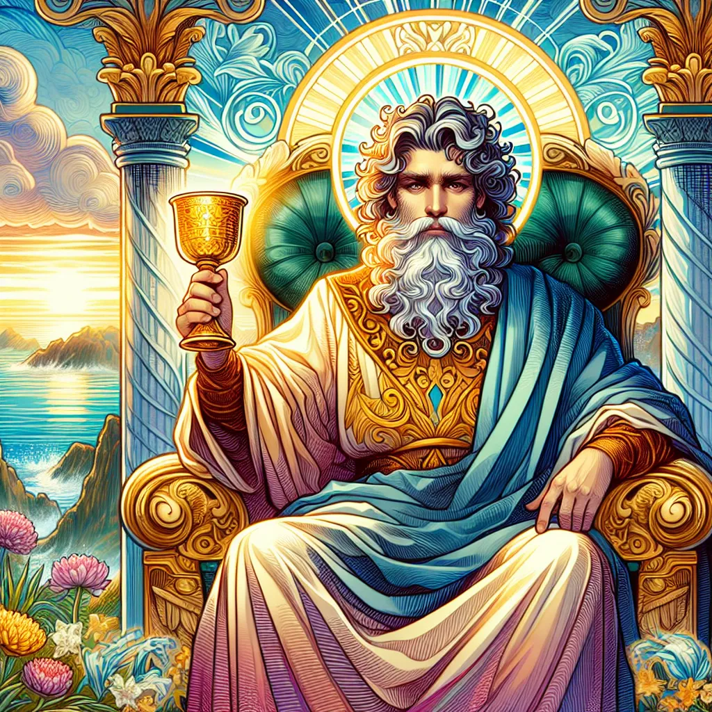 Create an image of the King of Cups tarot card. Depict a wise and regal figure seated on an ornate throne, with an ocean backdrop. The king is holding a golden cup, symbolizing emotional mastery and compassion. His expression is calm and empathetic, exuding a sense of inner peace. Include classic elements such as flowing robes and a serene landscape. Use a vibrant and mystical color palette to convey a sense of tranquility and wisdom.