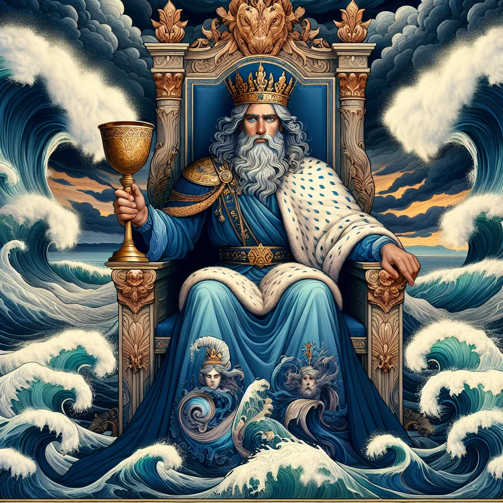 Create an illustration of a noble king seated on a majestic throne surrounded by turbulent seas. His expression is serene and wise, exuding emotional balance and calm control. He holds a chalice, symbolizing the power over emotions, and wears royal garments with aquatic motifs. The background showcases a stormy sea with dark, swirling clouds highlighting the contrast between chaos and inner peace.