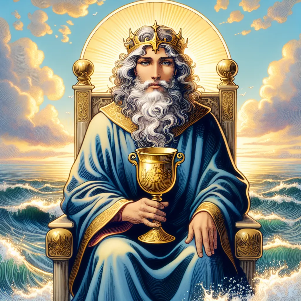 Create an artistic depiction of the King of Cups from tarot, featuring a serene, wise king seated on a throne by the ocean. The king is surrounded by rolling waves and a clear blue sky. He holds a golden chalice in one hand, symbolizing emotional mastery and balance. His expression is calm and compassionate, with gentle eyes that convey understanding. The setting sun casts a soft golden glow on the scene, enhancing the atmosphere of tranquility and wisdom.