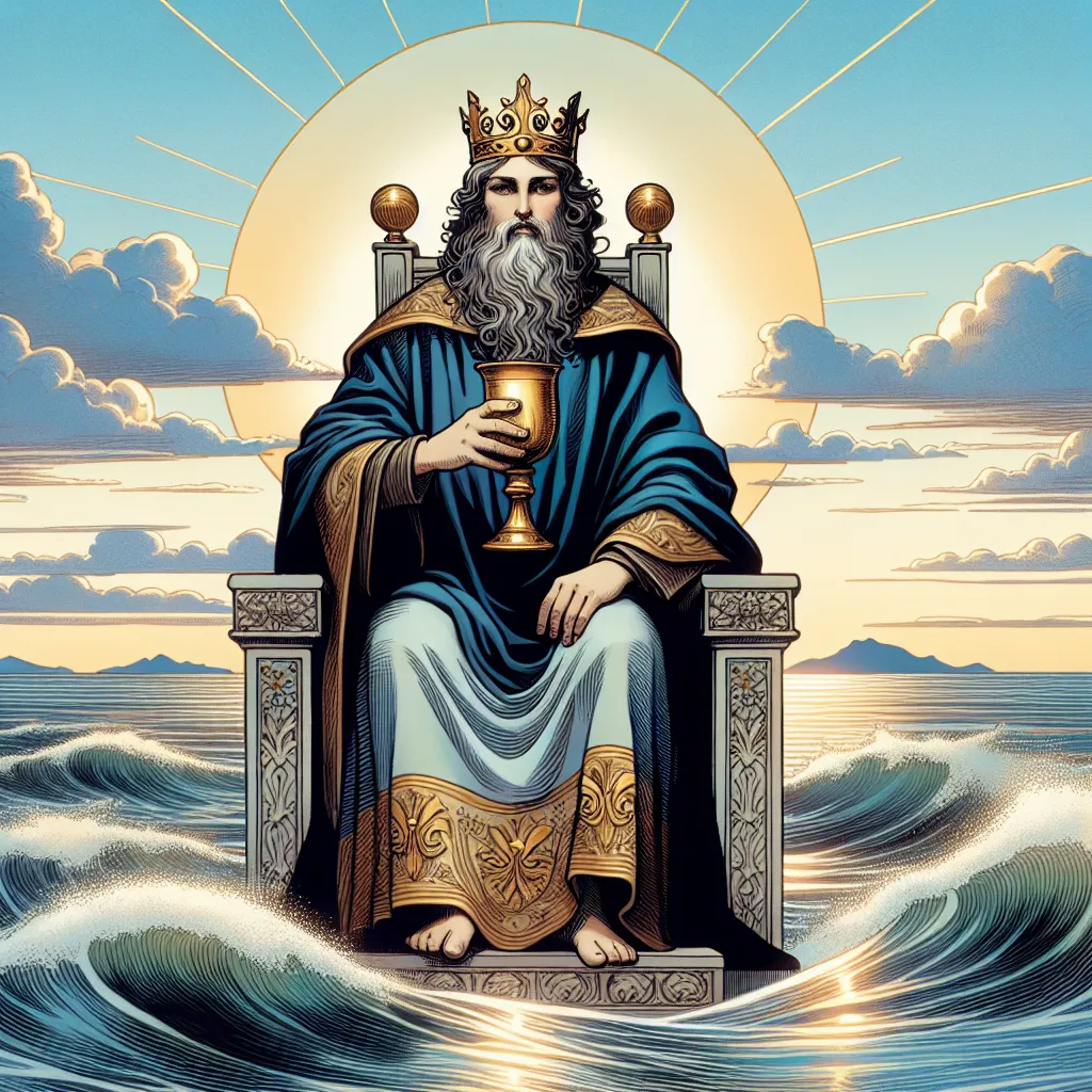 Create an illustration of the King of Cups from the tarot, seated on a throne surrounded by vast, calm waters. The King is depicted as a wise and serene figure, holding a golden chalice in one hand, symbolizing emotional mastery. His robes are richly detailed, adorned with oceanic motifs, and his expression is calm yet authoritative. Behind him, a clear blue sky meets the horizon of rolling waves, evoking a sense of balance and tranquility. The setting sun casts a gentle light, highlighting the reflective qualities of the water and the imposing calmness of the King.