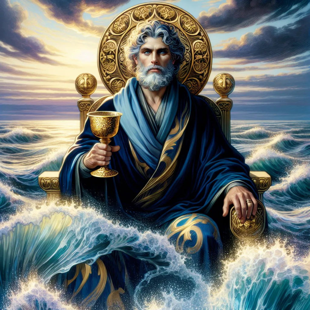 Create an image of the King of Cups from the tarot. He is an older, wise man seated on a throne floating amidst turbulent waters. The king holds a golden cup with an intricate design and appears calm and composed. His regal robe is a rich blend of blue and gold, symbolizing emotional depth and wisdom. The background features a clear, dynamic sea with gentle waves, and a serene sky at dusk. His expression conveys compassion and understanding, embodying a sense of emotional mastery and balance amidst chaos. The scene exudes a sense of tranquility and strength.
