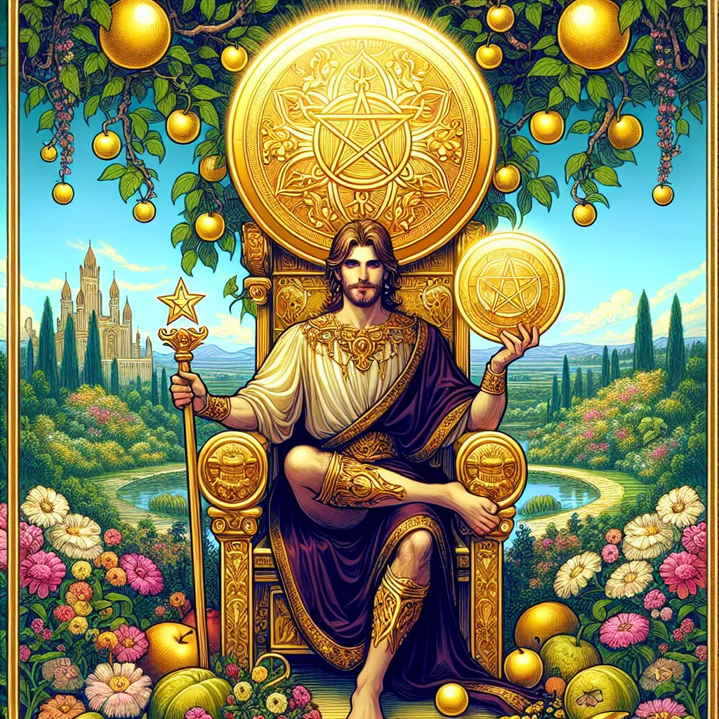 Create a detailed and vibrant illustration of the King of Pentacles tarot card. The scene should feature a regal figure sitting on a golden throne adorned with engravings of vines and earth symbols. The king holds a large, gleaming pentacle in one hand, symbolizing wealth and stability. He is surrounded by lush gardens, abundant with blooming flowers and ripe fruits, representing prosperity and growth. His expression is calm and confident, embodying the essence of wise leadership and mastery over material success. The background should reflect a serene landscape, hinting at a castle in the distance, under a clear blue sky.