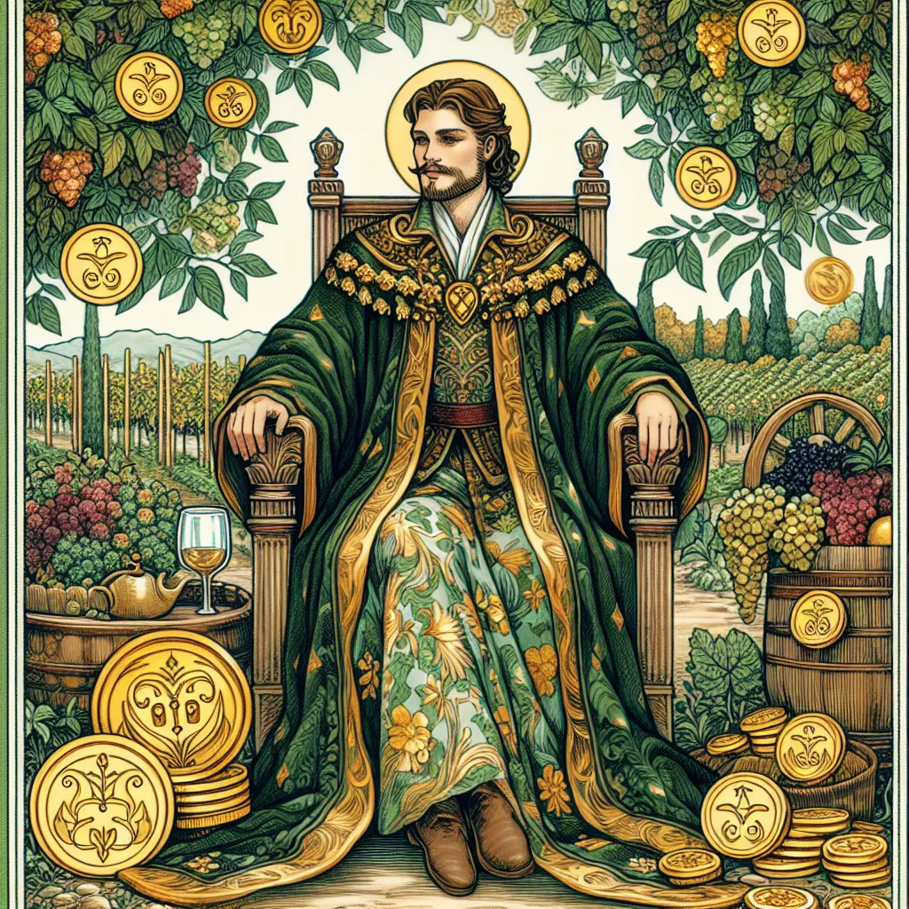 Create an artistic representation of the King of Pentacles tarot card: An authoritative figure seated on a throne in a flourishing garden, surrounded by symbols of wealth and prosperity like golden coins and lush vineyards. The king has an expression of wisdom and calm confidence, wearing a richly adorned robe with earthy green and gold hues. Include elements of nature, like trees and plants, to symbolize growth and stability. The setting is serene and regal, with an aura of abundance and achievement.