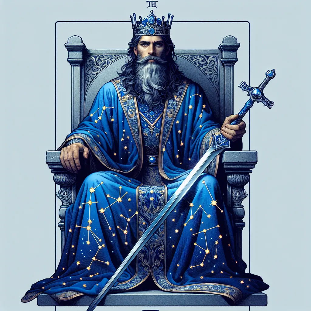 Create an image inspired by a tarot card commonly known as the King of Swords. The image should include a majestic, wise figure sitting poised on a stone throne. The figure should be wearing a robe of royal blue decorated with constellations, symbolizing wisdom and clarity. In the figure's hand, they are firmly holding a shiny, double-edged sword that is pointed towards the sky. Their face should depict a blend of sternness and comfort, with eyes that evoke a sense of deep wisdom that goes beyond everyday understanding.