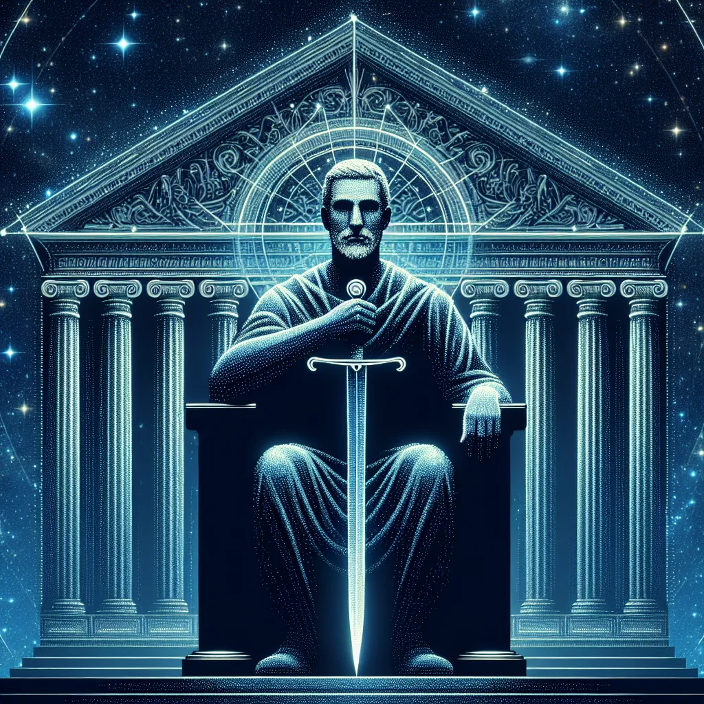 Generate an image of a stoic, authoritative, and intellectual public figure seated on a throne under a clear, starry night sky. This Caucasian figure firmly grasps a double-edged sword, its blade gleaming with truth and clarity. Behind this figure, create the silhouette of a grand library symbolising wisdom and knowledge.