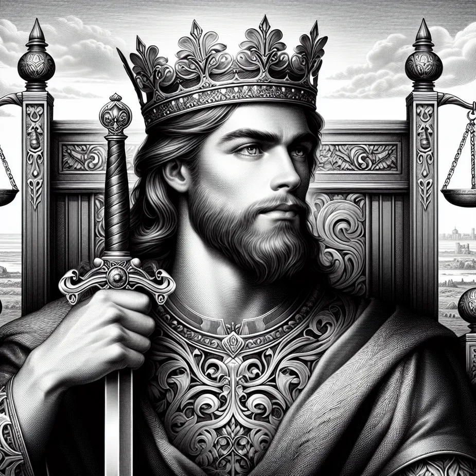 Create an image of a regal king seated on a throne, holding a gleaming sword upright in his hand. He wears a crown adorned with intricate designs, symbolizing wisdom and authority. His expression is calm and thoughtful, with sharp, intelligent eyes. The background features an open sky with gentle clouds, conveying a sense of clarity and insight. The throne is decorated with motifs of balance and justice, emphasizing rationality and fairness.