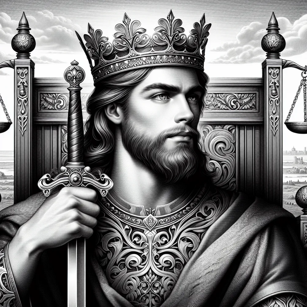 Create an image of a regal king seated on a throne, holding a gleaming sword upright in his hand. He wears a crown adorned with intricate designs, symbolizing wisdom and authority. His expression is calm and thoughtful, with sharp, intelligent eyes. The background features an open sky with gentle clouds, conveying a sense of clarity and insight. The throne is decorated with motifs of balance and justice, emphasizing rationality and fairness.
