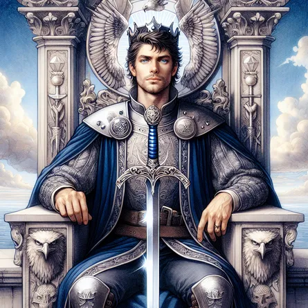 Create a detailed and visually striking image of the King of Swords from the tarot deck. He sits on a grand throne made of stone, adorned with intricate carvings of eagles and symbols of authority. The King holds a gleaming sword upright in his right hand, symbolizing clarity and truth. His expression is calm yet determined, with keen eyes that convey wisdom and logic. The background features a clear blue sky with a few scattered clouds, imparting a sense of tranquility and open-mindedness. The King’s attire is regal and storied, a mix of blues and grays, highlighting the balance between intellect and emotional detachment. The image should evoke a sense of strength, precision, and thoughtful leadership.