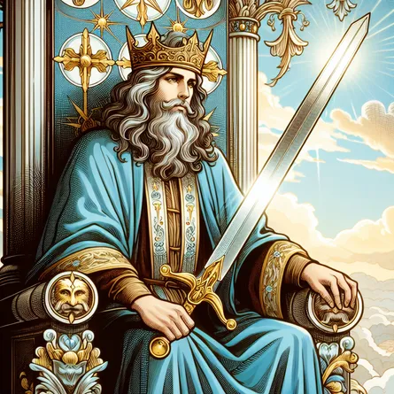 Create an image of the King of Swords from a tarot deck. The scene should feature a wise and regal king seated on a throne, holding a gleaming sword in one hand. He should exude an aura of clarity and authority, with a sharp, focused gaze. His throne is adorned with intricate designs symbolizing intellect and justice. In the background, a clear sky suggests an atmosphere of truth and rationality. The overall style should be rich in detail, echoing the classic tarot card imagery with a modern twist.