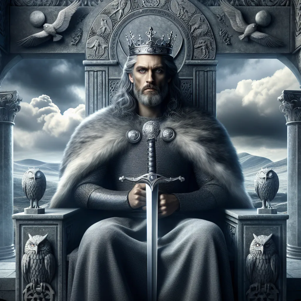 Create an image of the King of Swords sitting on an ornate stone throne, surrounded by a landscape of stormy skies. The king is a wise, authoritative figure with a silver crown, holding a gleaming double-edged sword upright in one hand. His expression is calm yet commanding, with an aura of wisdom and justice. The throne room is adorned with intricate carvings of owls and scales, symbolizing knowledge and fairness. The atmosphere conveys a sense of intellectual clarity and ethical governance, emphasizing the king's role as a thoughtful and fair leader.