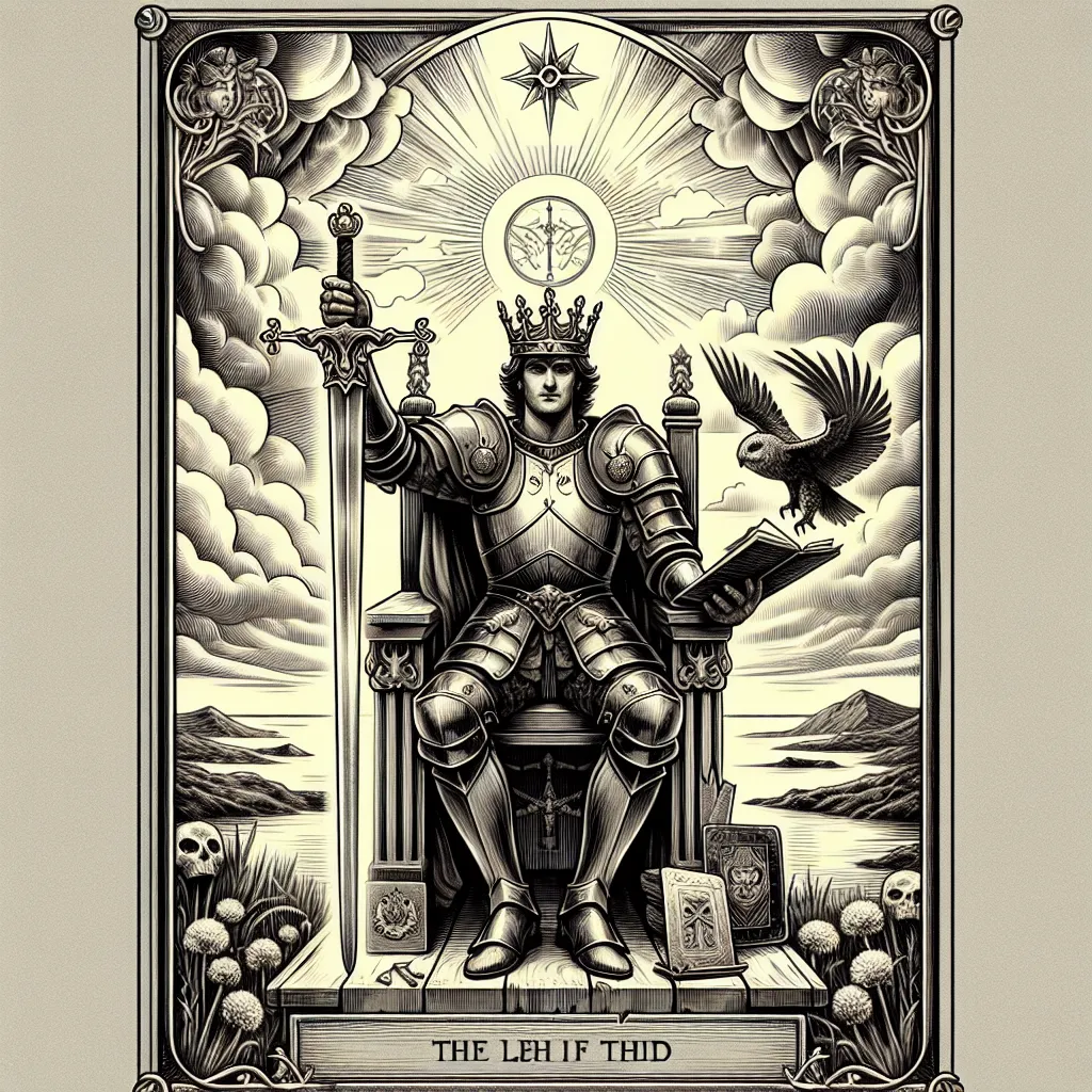 Create a detailed illustration of the King of Swords tarot card. Depict a regal figure seated on a throne, holding an upright sword. The setting is a majestic landscape, with a clear sky symbolizing clarity of thought. The king wears a crown and armor, exuding authority and intellect. In the background, integrate symbols of wisdom such as an owl or scrolls, enhancing the theme of rationality and judicious decision-making. The overall atmosphere should be serene yet powerful, reflecting the stoic qualities associated with the King of Swords.