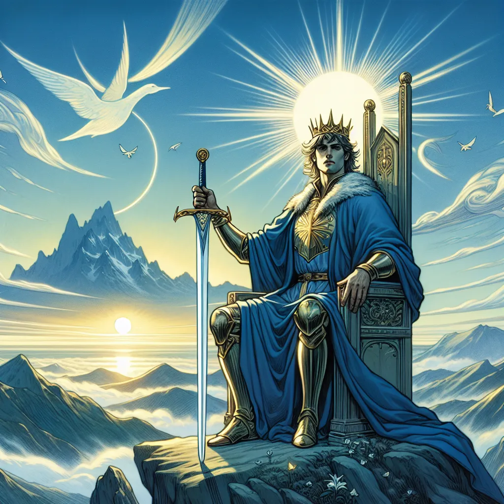 Create an image of the King of Swords from tarot. The scene should depict a regal, wise figure seated on a sturdy throne atop a mountain peak, overlooking a vast landscape. The king holds a gleaming sword upright in one hand, symbolizing clarity and truth. He wears a majestic blue robe, indicative of intellect, with golden armor peeking through. The sky is clear, showcasing a dawn to symbolize new beginnings and fresh insight. The king's expression is calm yet piercing, embodying wisdom and stoic determination. Include symbols of air, like swirling clouds or birds, to represent his dominion over the intellectual realm.